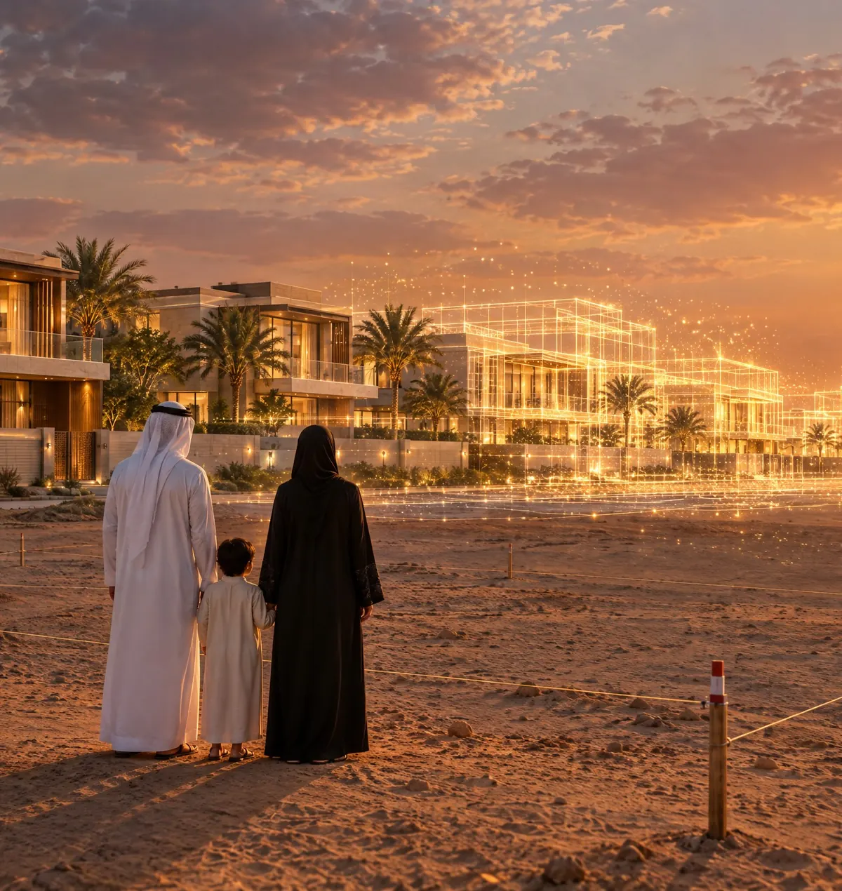 A family on an empty plot as their future villas appear