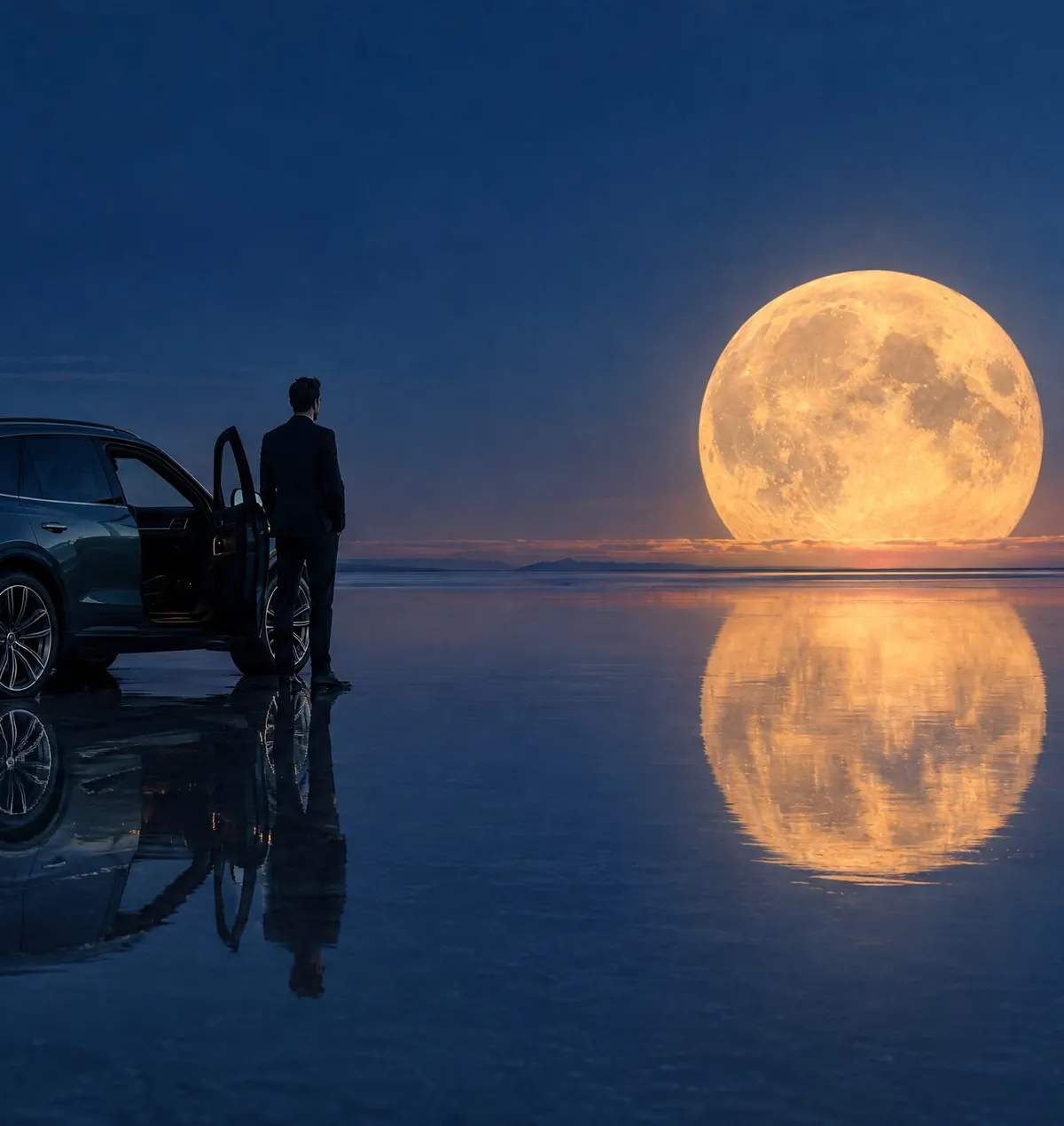 A luxury SUV on a mirror-still salt flat under an enormous moon