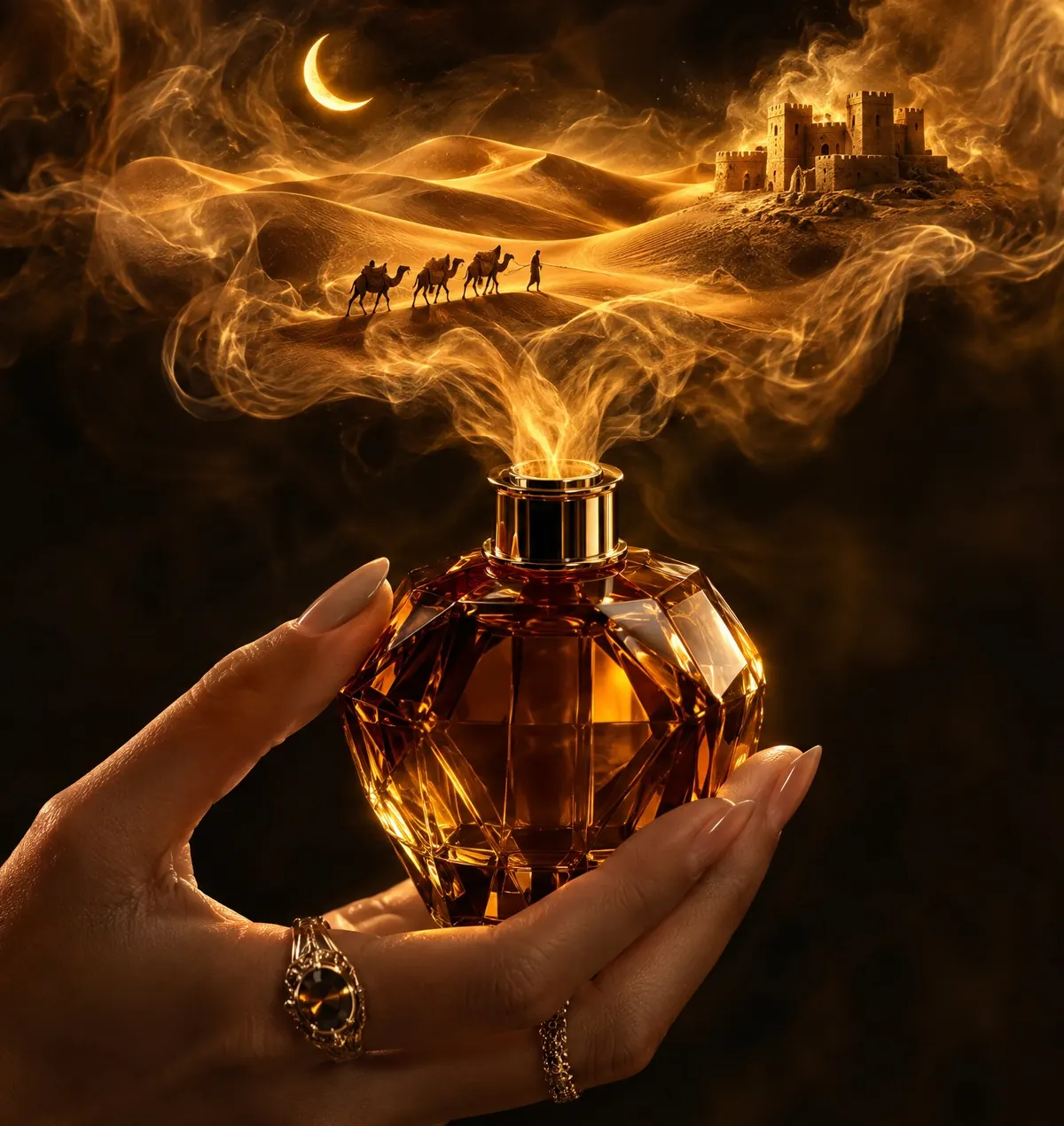 Golden smoke from a perfume bottle forms a tiny desert with a caravan