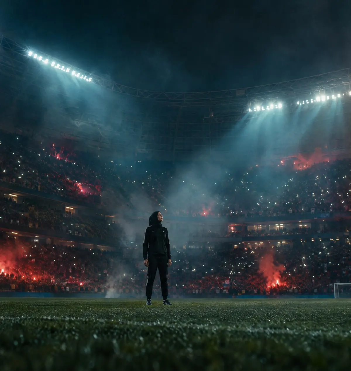 A lone athlete in a packed stadium at night