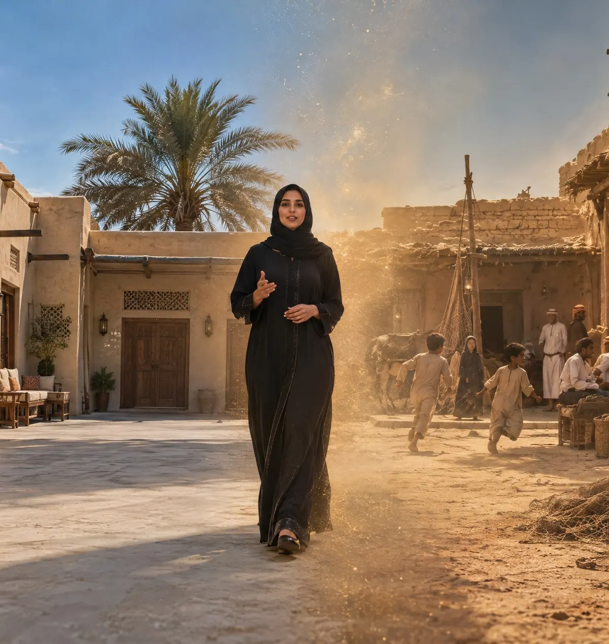 A presenter walks through a Gulf courtyard; half today, half seventy years ago
